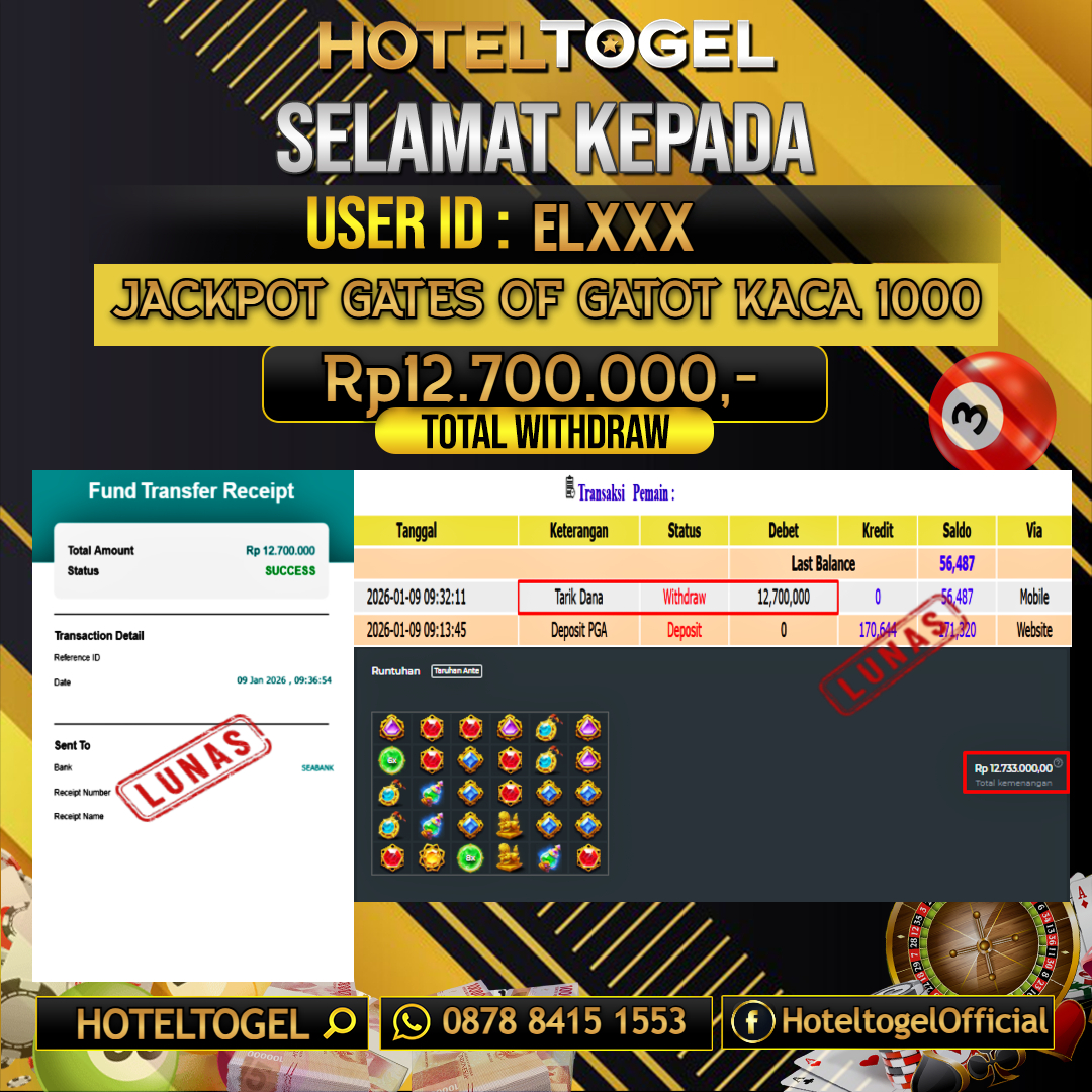 HOTELTOGEL JACKPOT SLOT GATES OF GATOT KACA 1000 Rp.12.700.000 - LUNAS USER ID : EL***