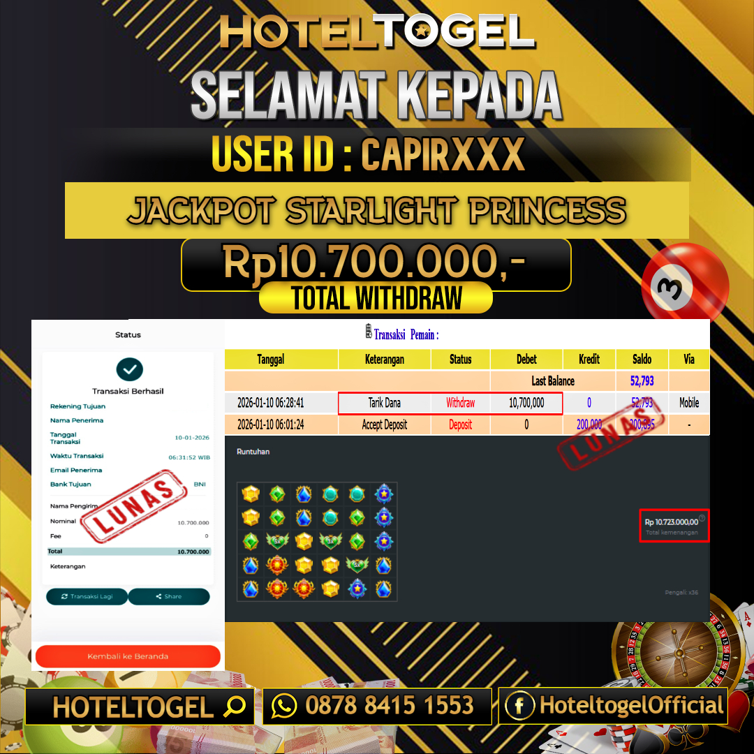 HOTELTOGEL JACKPOT SLOT STARLIGHT PRINCESS Rp.10.700.000 - LUNAS USER ID : CAPIR***
