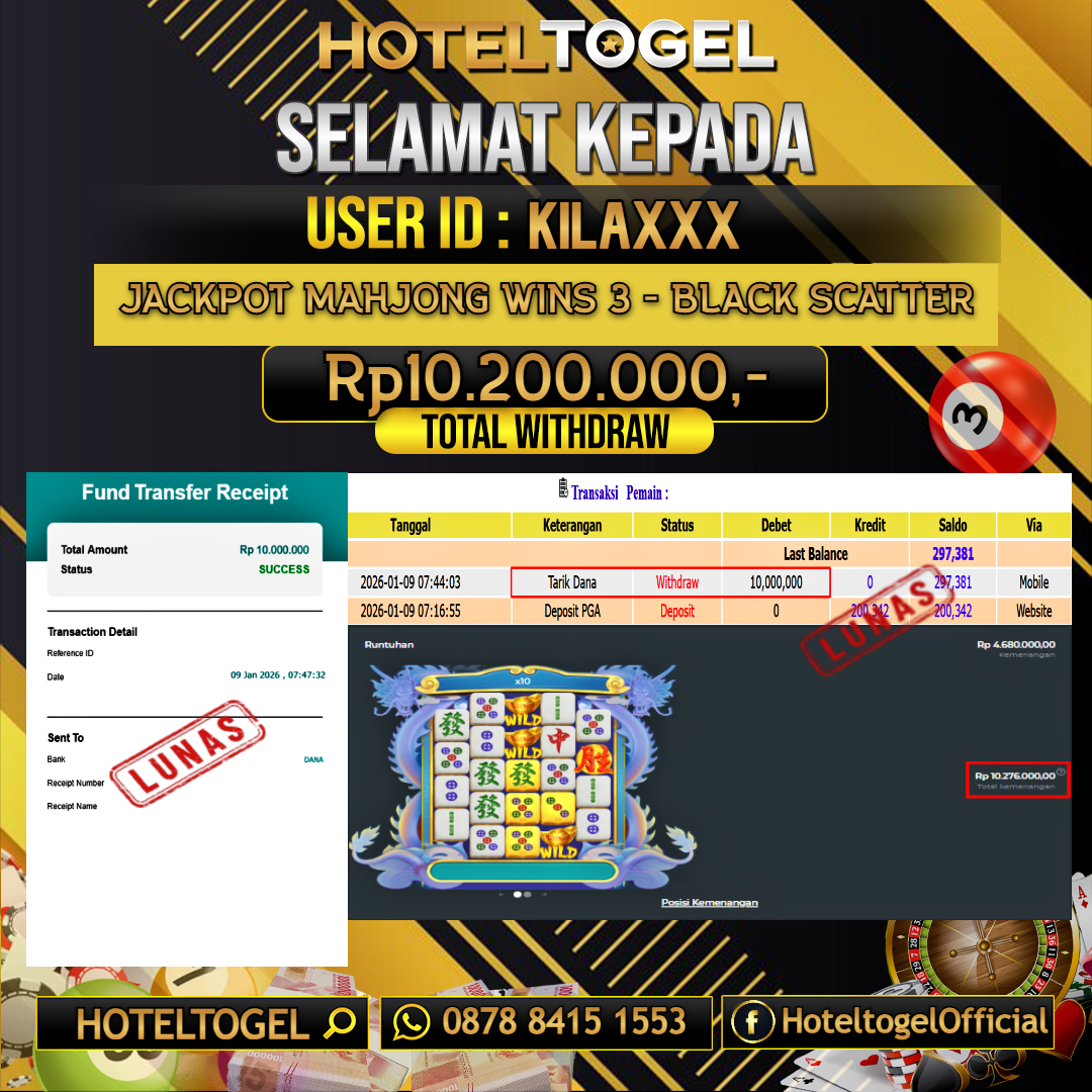 HOTELTOGEL JACKPOT SLOT MAHJONG WINS 3 - BLACK SCATTER Rp.10.200.000 - LUNAS USER ID : KILA***