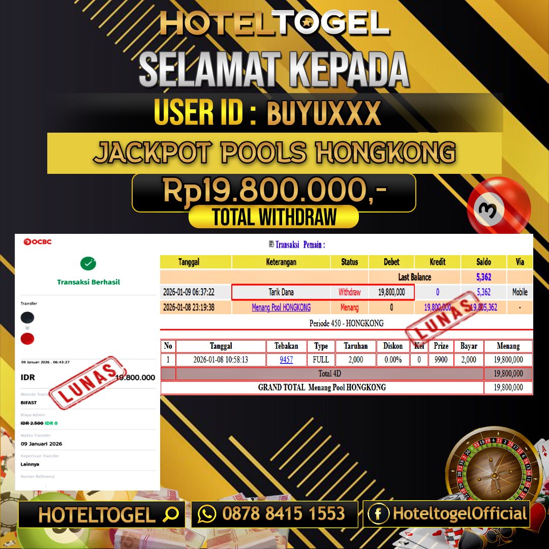 HOTELTOGEL JACKPOT TOGEL HONGKONG Rp.19.800.000 - LUNAS USER ID : BUYU***