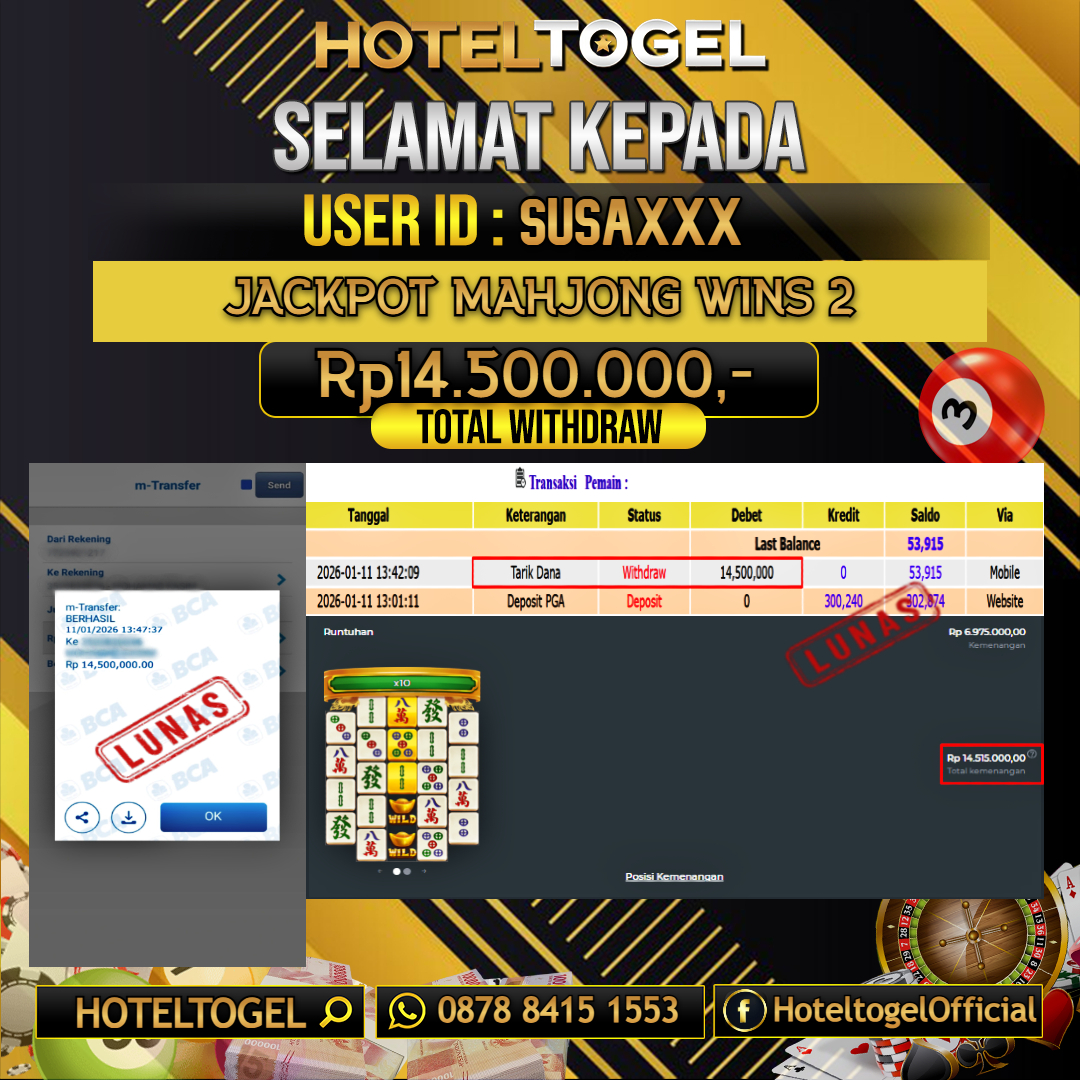 HOTELTOGEL JACKPOT SLOT MAHJONG WINS 2 Rp.14.500.000 - LUNAS USER ID : SUSA****