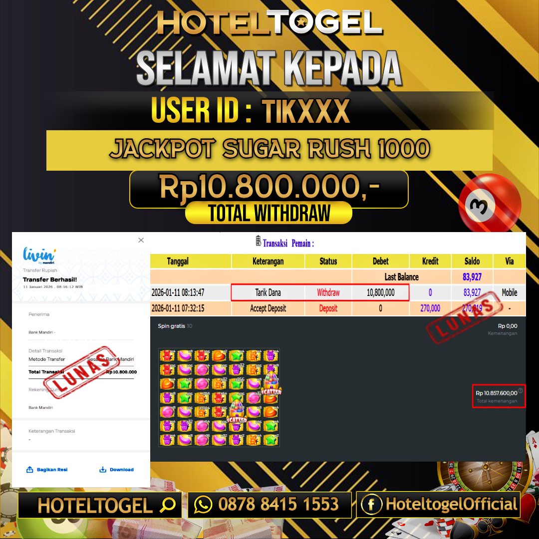 HOTELTOGEL JACKPOT SLOT SUGAR RUSH 1000 Rp.10.800.000 - LUNAS USER ID : TIK****