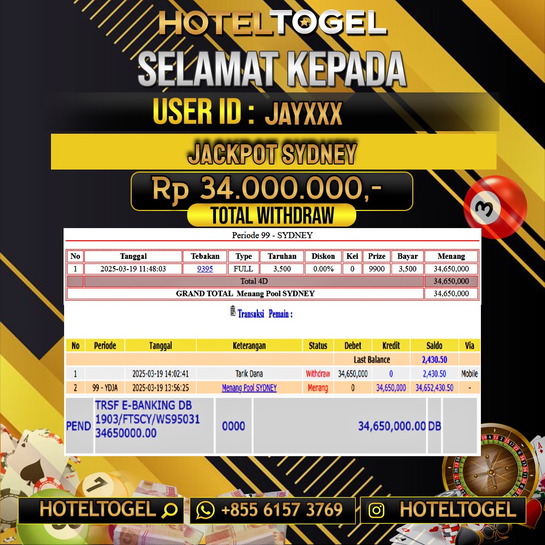 HOTELTOGEL JACKPOT TOGEL SYDNEY Rp.34.000.000 - LUNAS USER ID: JAY****