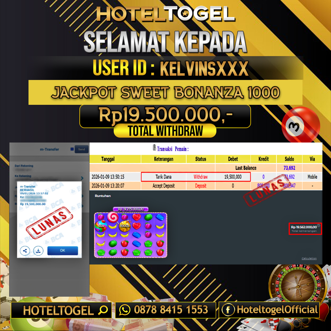 HOTELTOGEL JACKPOT SLOT SWEET BONANZA 1000 Rp.19.500.000 - LUNAS USER ID : KELVINS***