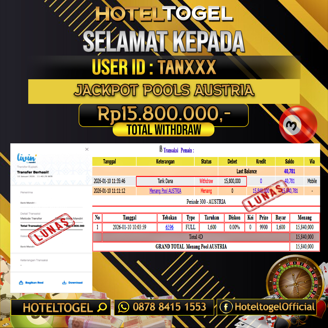 HOTELTOGEL JACKPOT TOGEL AUSTRIA Rp.15.800.000 - LUNAS USER ID : TAN***