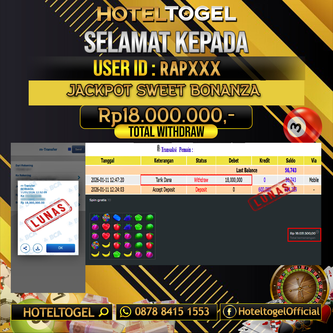 HOTELTOGEL JACKPOT SLOT SWEET BONANZA Rp.18.000.000 - LUNAS USER ID : RAP****