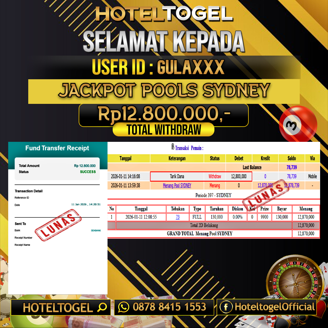 HOTELTOGEL JACKPOT TOGEL SYDNEY Rp.12.800.000 - LUNAS USER ID : GULA****