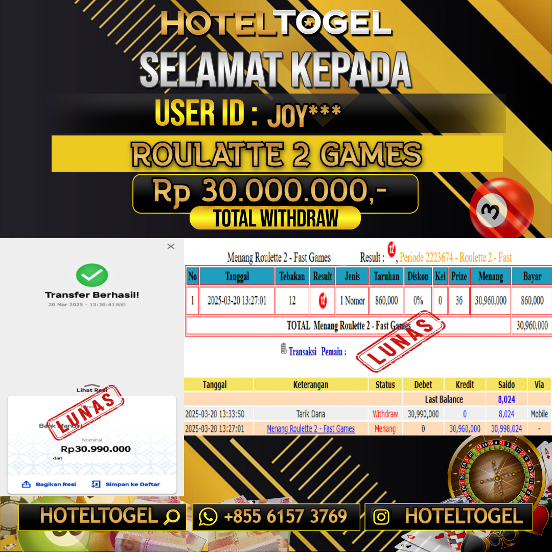 HOTELTOGEL JACKPOT SLOT ROULATTE 2 GAMES Rp.30.000.000 - LUNAS USER ID: JOY****