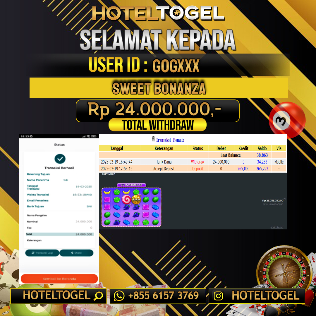 HOTELTOGEL JACKPOT SLOT SWEET BONANZA Rp.24.000.000 - LUNAS USER ID: GOG****